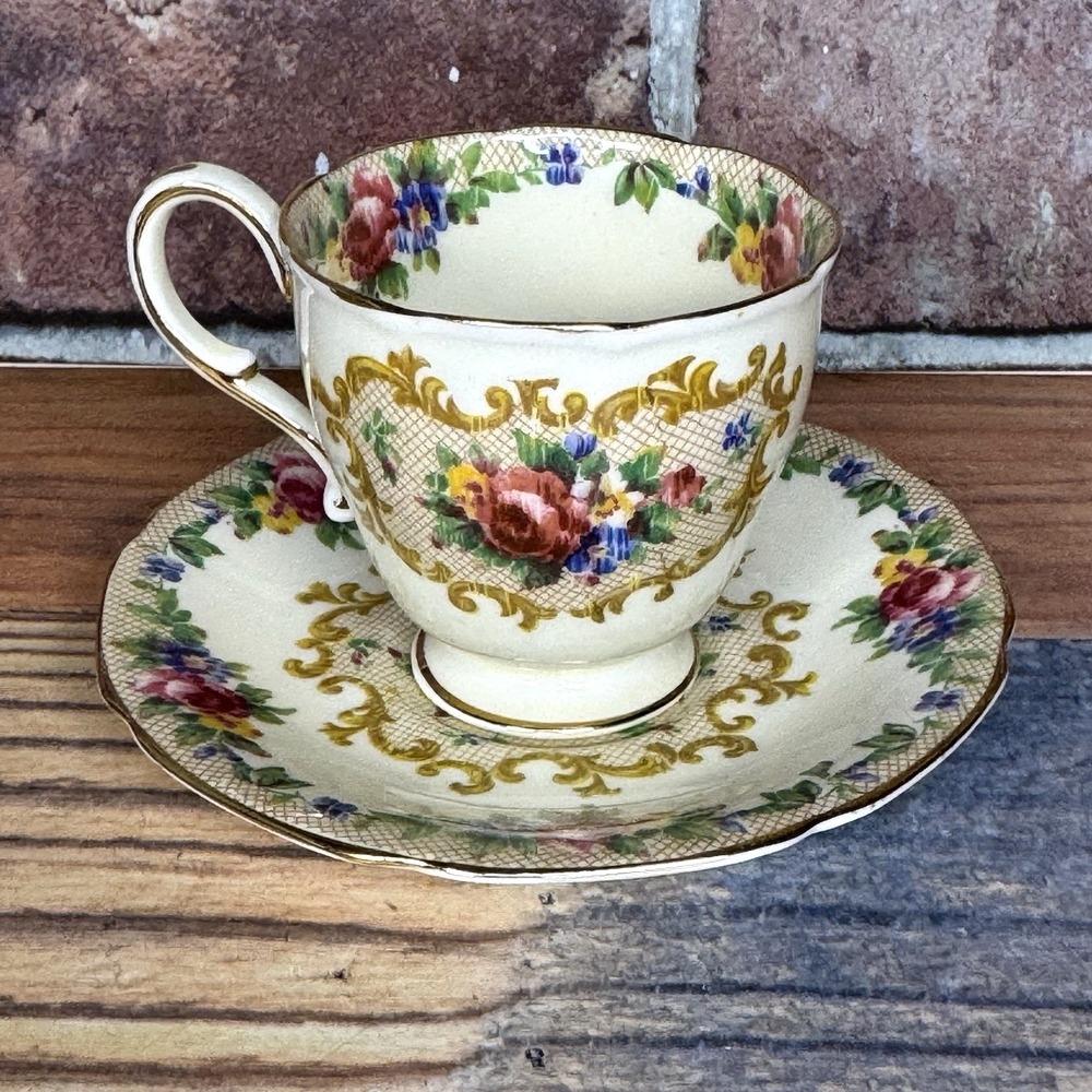 Vintage Paragon Minuet Demitasse Teacup Saucer‎ Set Bone China Signed Floral MCM